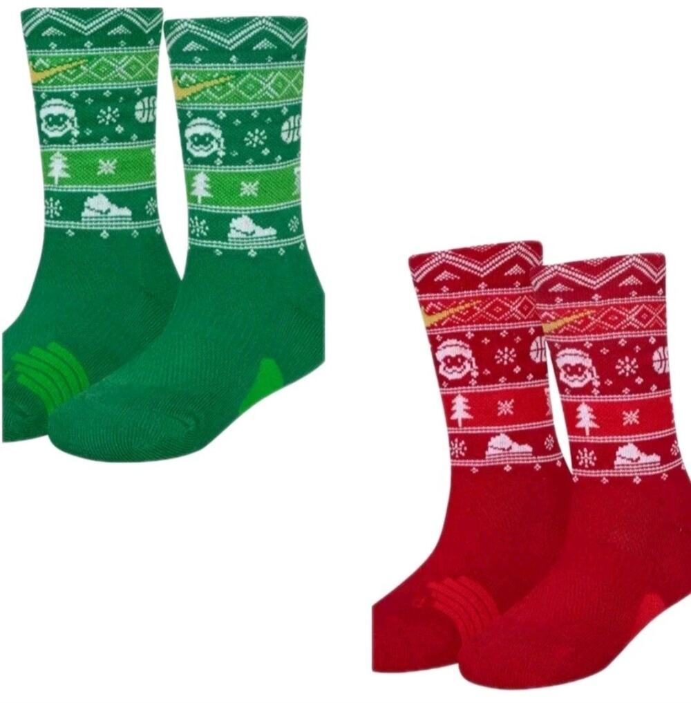 Christmas 2 Pairs Nike Elite Socks Youth 10C-3Y Red And Green Crew Basketball